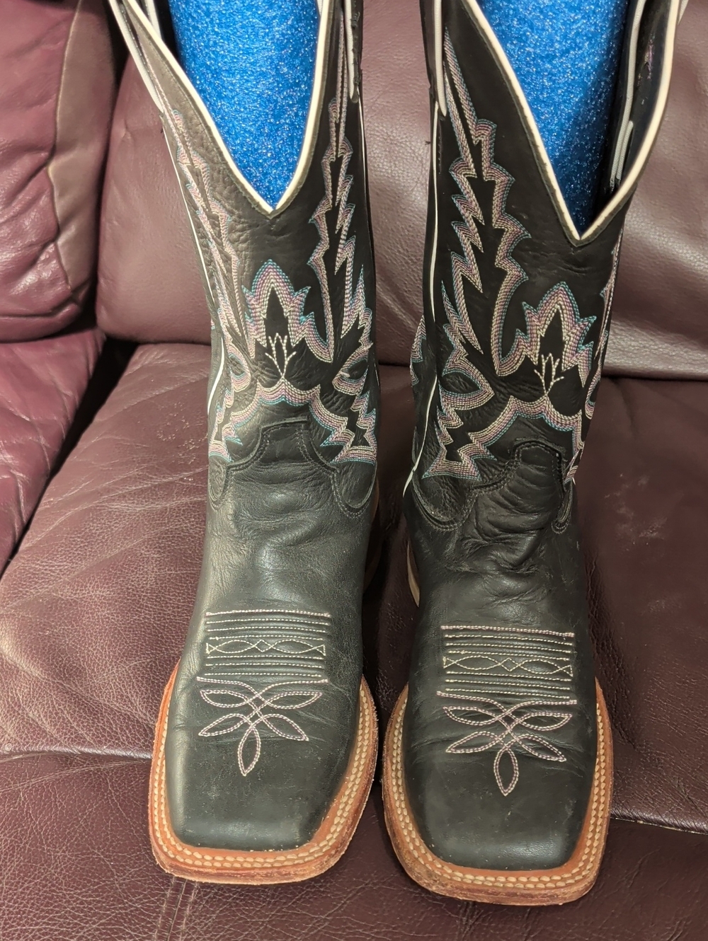 Justin Boots Black Leather Western Heeled Boots with Pastel Embroidery